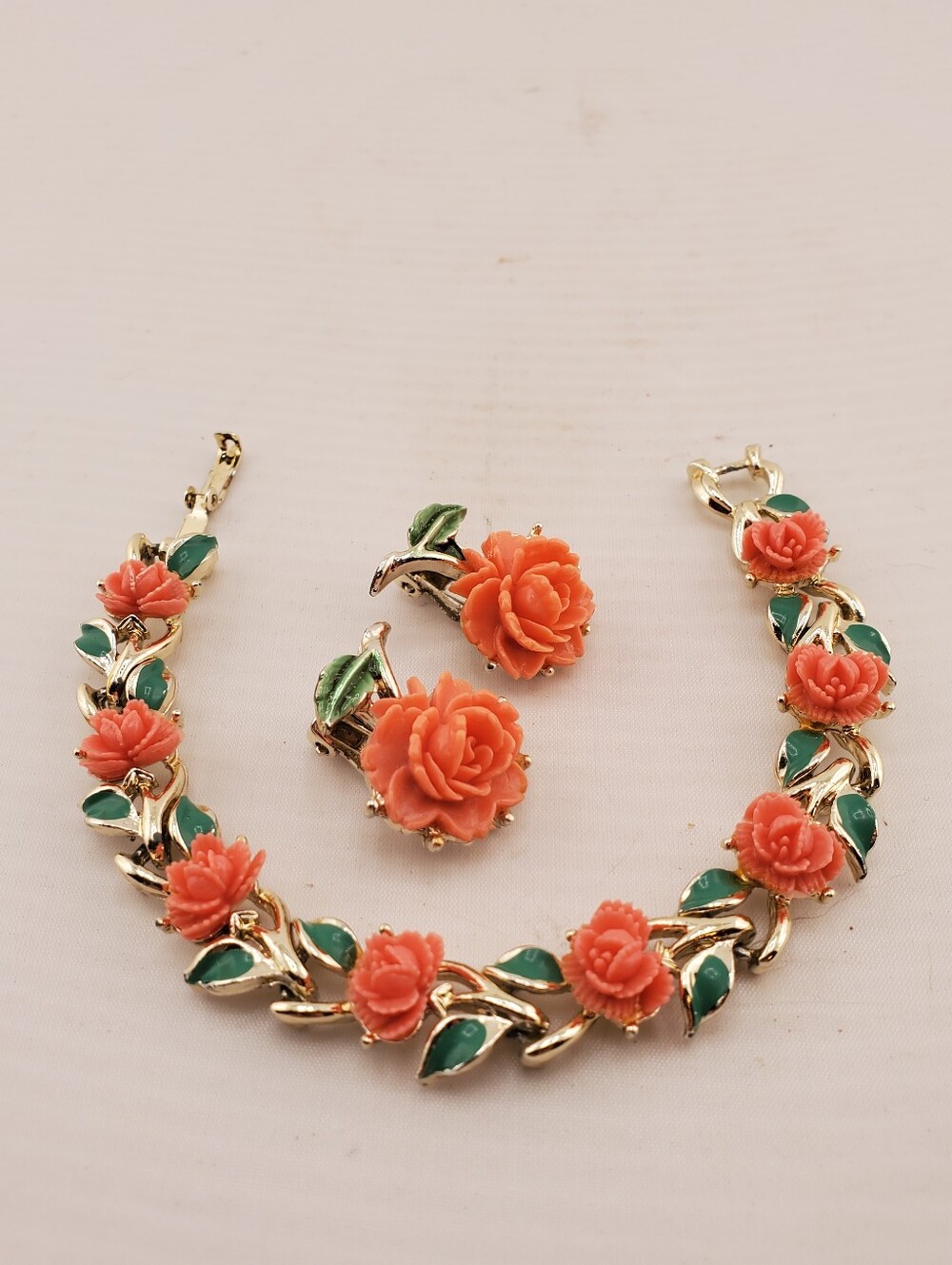 Celluloid Enamel Rose Bracelet Earrings